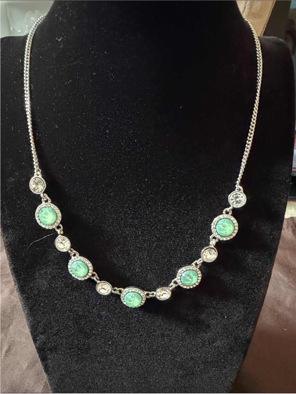 Givenchy Silver Necklace with Mint Green Cabochons and Clear Crystals